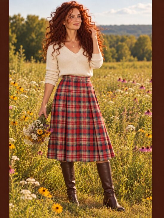 Pendleton Dresses & Skirts - Wool Pleated Midi Skirt - Red and Tan Plaid - 14 - LIKE NEW